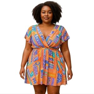 Savanna Jane Colorful Geometric Pattern  Flutter Sleeve Mini Dress Plus Size 1X